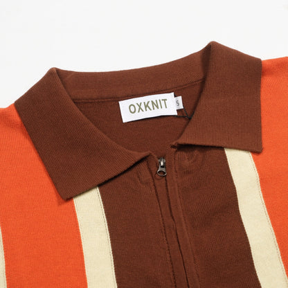 Vintage knitted zip-up cardigan for men, brown striped