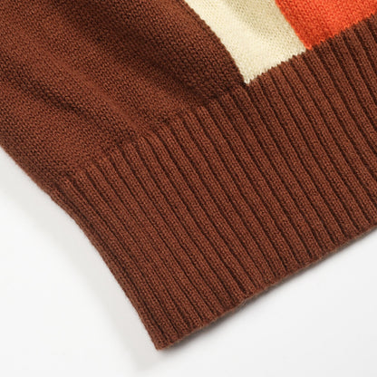 Vintage knitted zip-up cardigan for men, brown striped