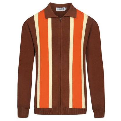 Vintage knitted zip-up cardigan for men, brown striped