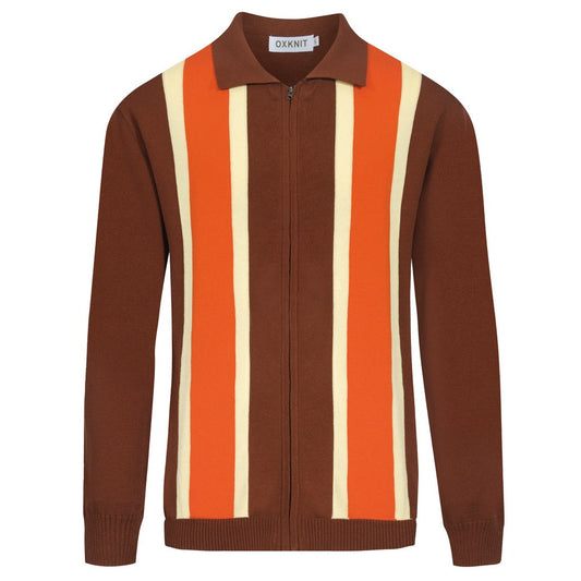 Vintage knitted zip-up cardigan for men, brown striped