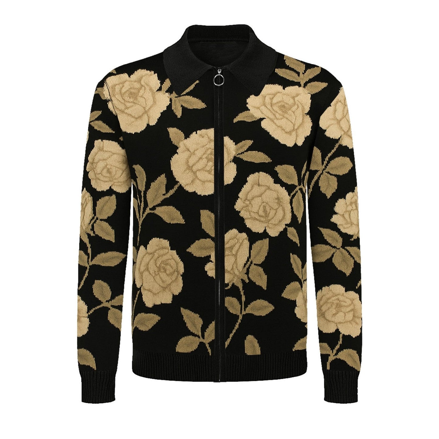 Men's Black Vintage Jacquard Zip Cardigan