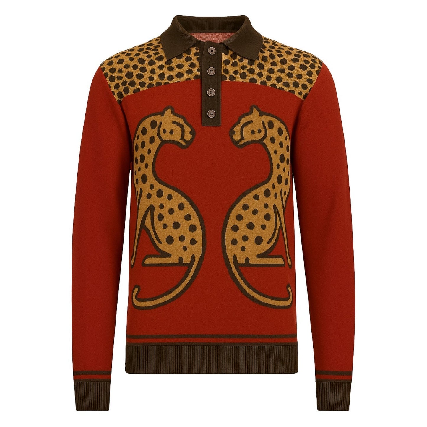 Men's Red Leopard Print Knitted Jacquard Polo