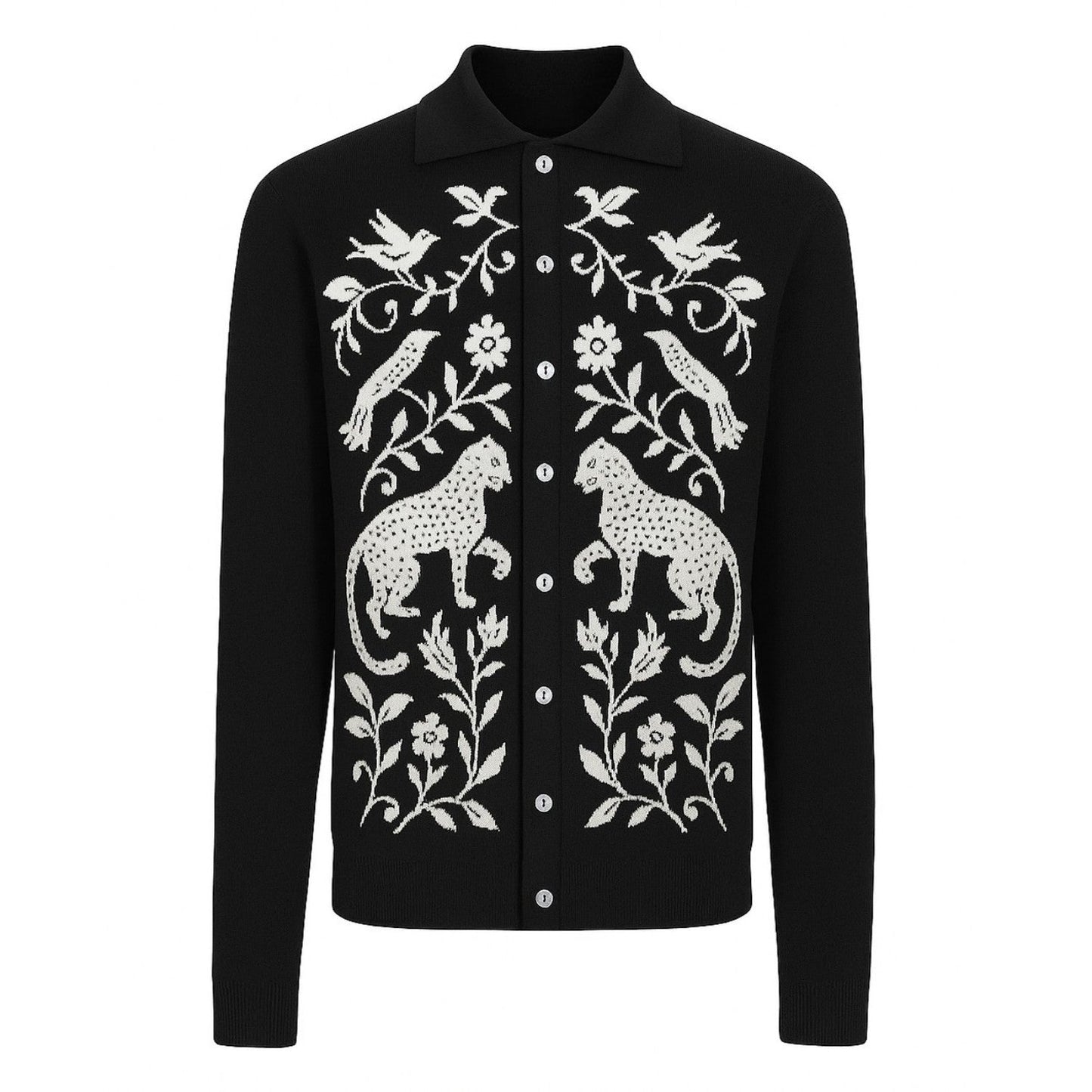 Men's Black Animal Jacquard Knit Vintage Cardigan