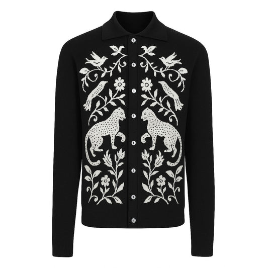 Men's Black Animal Jacquard Knit Vintage Cardigan