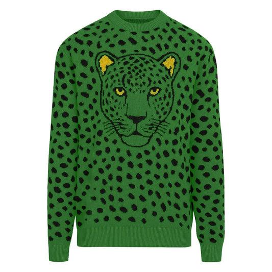 Pull jacquard vintage léopard vert pour hommes