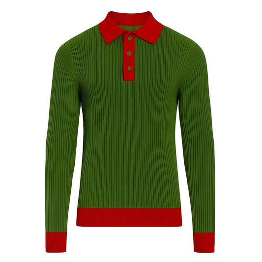Men's Vintage Knitted Polo in Green with Vertical Stripes