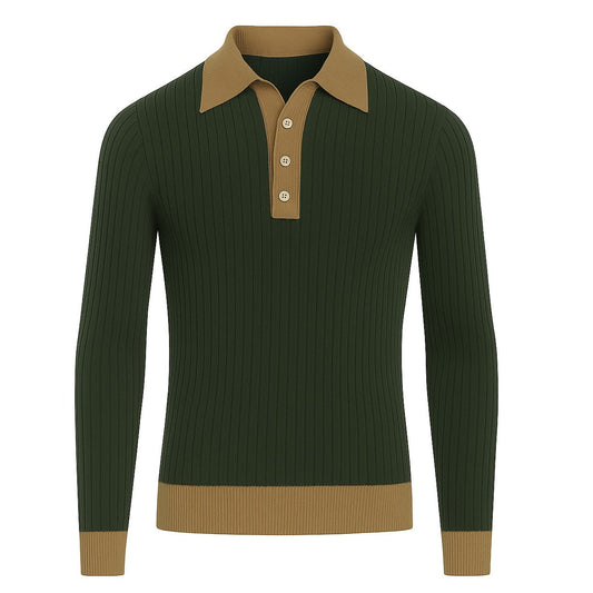 Vintage green knitted polo for men with a V-neck
