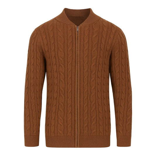 Brown Cable Knit Zip Cardigan for Men