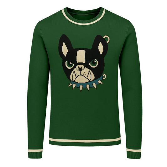Green jacquard pullover for men with French bulldog