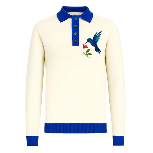 Men's White Knitted Polo with Embroidered Hummingbird