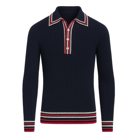 Vintage Black Striped Knitted Polo for Men