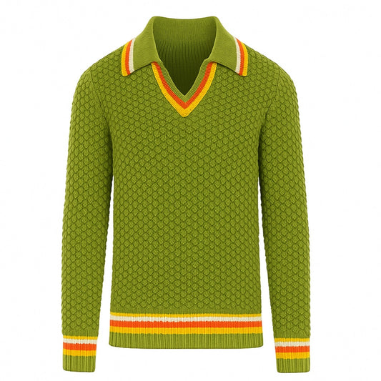 Men's Green Striped Knit Polo with V-Neck