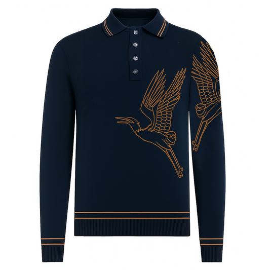 Men's Flying Crane Jacquard Knit Polo, Navy Blue