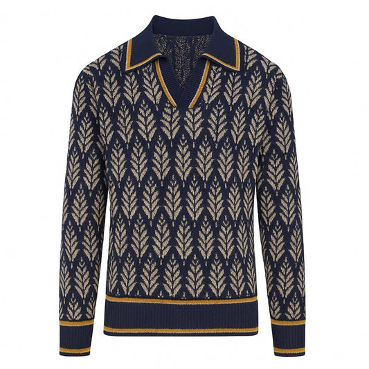Navy V-Neck Jacquard Polo for Men from the 70s