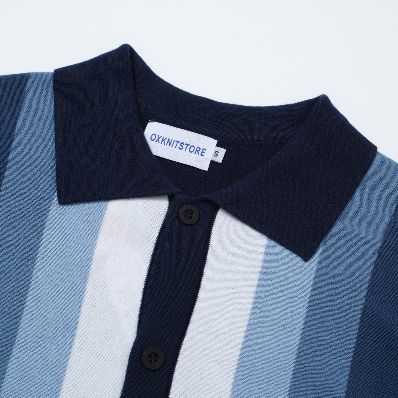 1960s Men's Vertical Striped Knitted Shirt – Navy Blue and Sky Blue Buttoned Polo