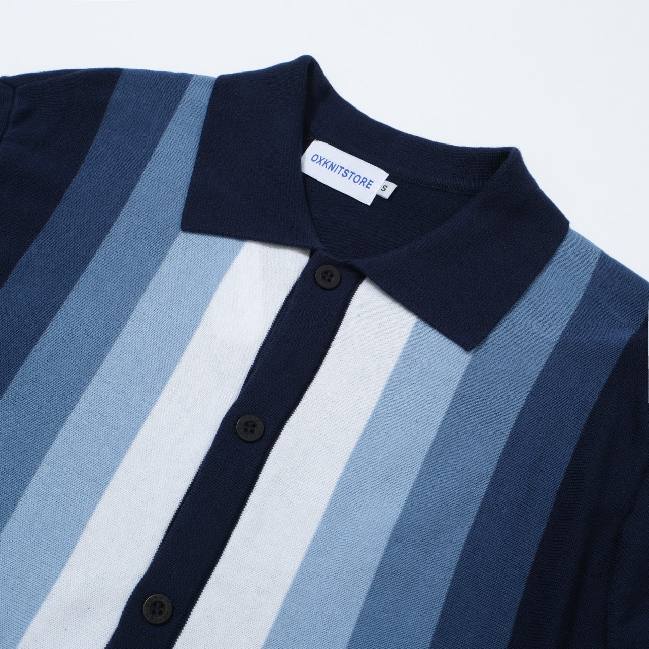 1960s Men's Vertical Striped Knitted Shirt – Navy Blue and Sky Blue Buttoned Polo