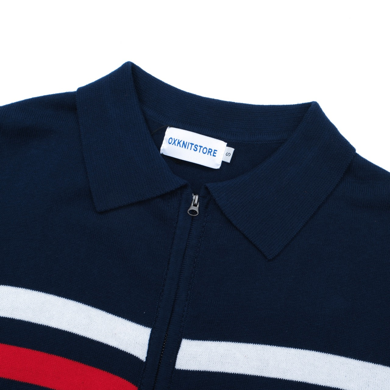 1970s Vintage Zip-Up Knitted Jacket for Men – Navy with Red and White Stripes