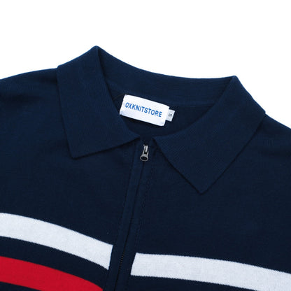 1970s Vintage Zip-Up Knitted Jacket for Men – Navy with Red and White Stripes