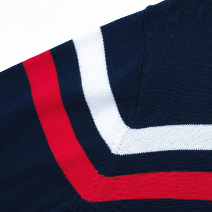 1970s Vintage Zip-Up Knitted Jacket for Men – Navy with Red and White Stripes