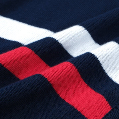 1970s Vintage Zip-Up Knitted Jacket for Men – Navy with Red and White Stripes