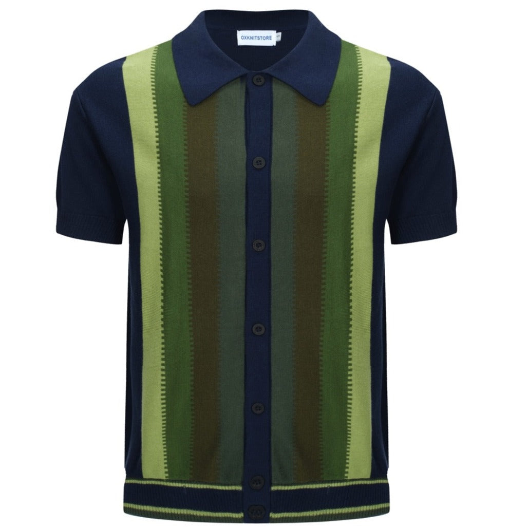 60s Gradient Stripe Knit Polo for Men – Short Sleeve Shirt with Vertical Panel