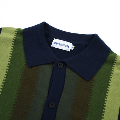 60s Gradient Stripe Knit Polo for Men – Short Sleeve Shirt with Vertical Panel