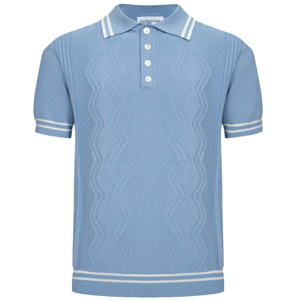 Light Blue Knitted Polo for Men with Geometric Pattern Jacquard Panel