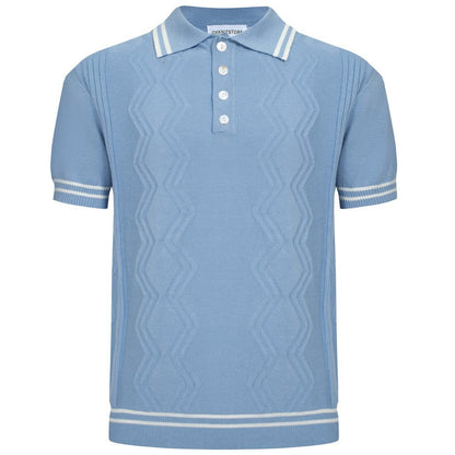 Light Blue Knitted Polo for Men with Geometric Pattern Jacquard Panel