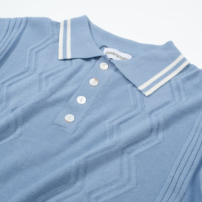 Light Blue Knitted Polo for Men with Geometric Pattern Jacquard Panel