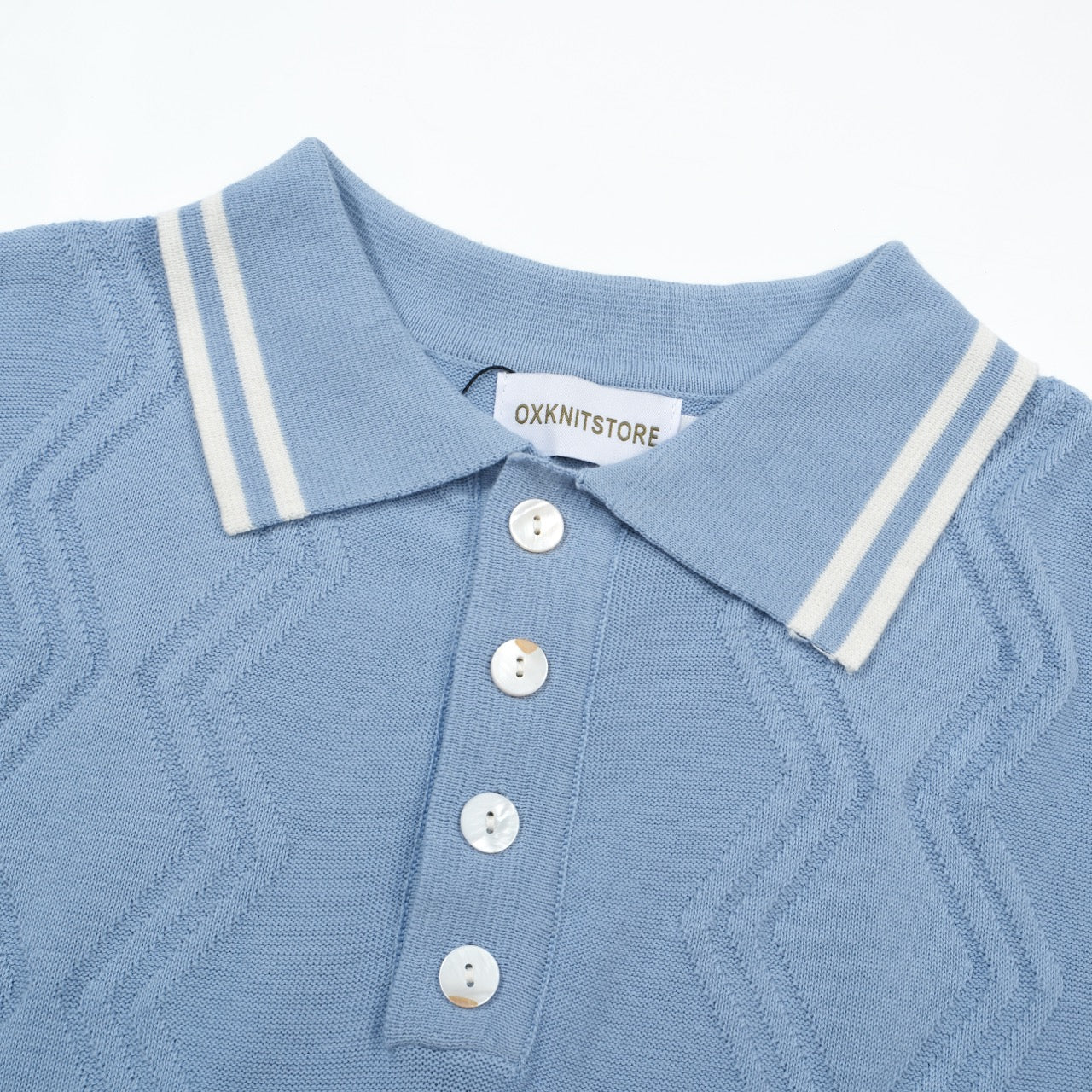 Light Blue Knitted Polo for Men with Geometric Pattern Jacquard Panel