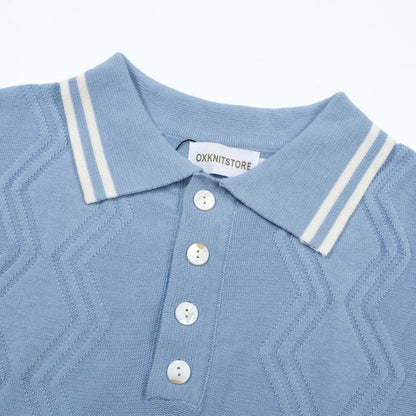 Light Blue Knitted Polo for Men with Geometric Pattern Jacquard Panel