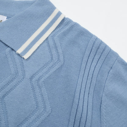 Light Blue Knitted Polo for Men with Geometric Pattern Jacquard Panel