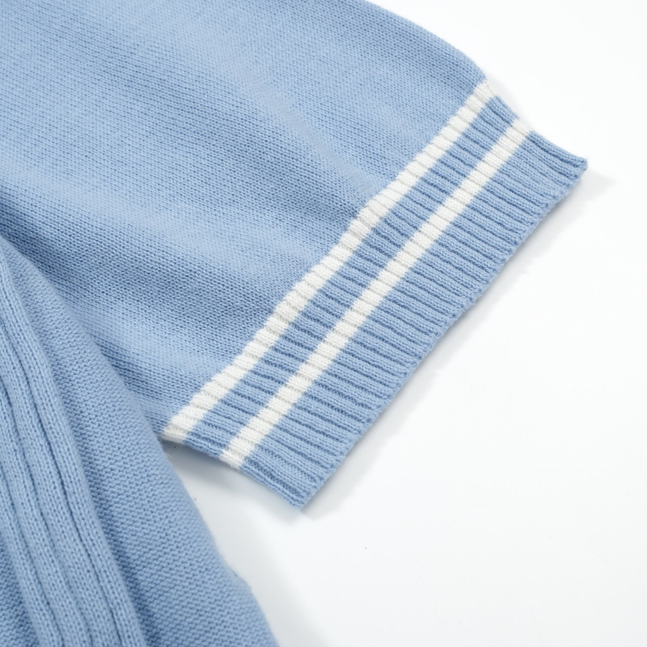 Light Blue Knitted Polo for Men with Geometric Pattern Jacquard Panel
