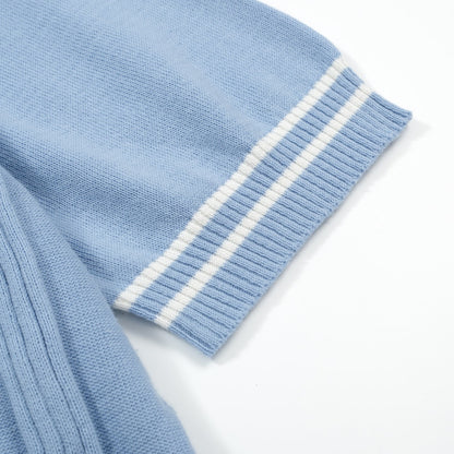 Light Blue Knitted Polo for Men with Geometric Pattern Jacquard Panel