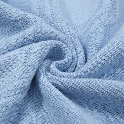 Light Blue Knitted Polo for Men with Geometric Pattern Jacquard Panel