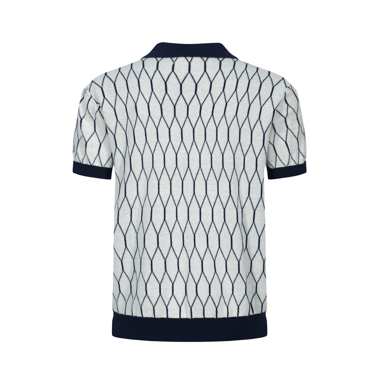 Geometric Knit Polo Mod from the 60s for Men – Retro Diamond Pattern with Navy Trim