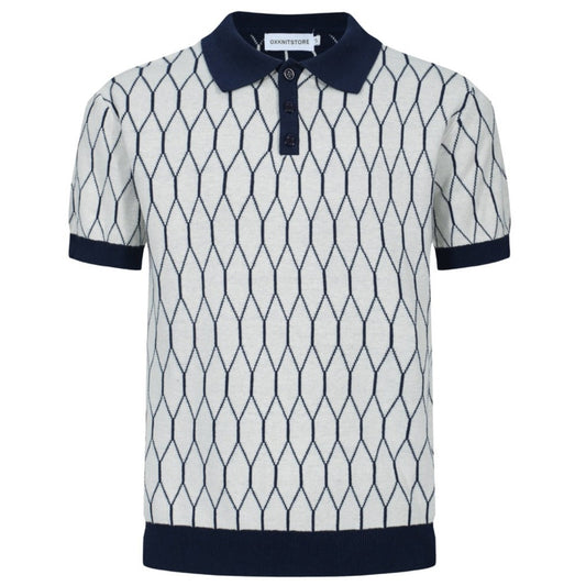 Geometric Knit Polo Mod from the 60s for Men – Retro Diamond Pattern with Navy Trim