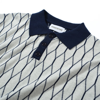 Geometric Knit Polo Mod from the 60s for Men – Retro Diamond Pattern with Navy Trim