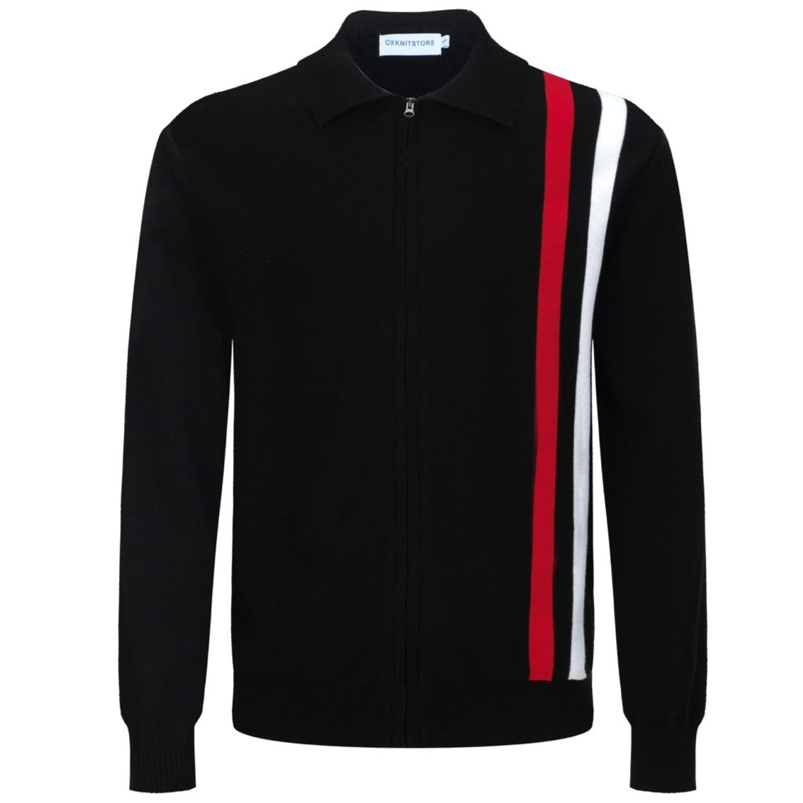 1970s Retro Zip-Up Knitted Jacket for Men – Vintage Black with Red and White Vertical Stripes