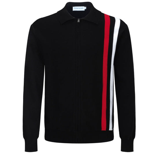 1970s Retro Zip-Up Knitted Jacket for Men – Vintage Black with Red and White Vertical Stripes