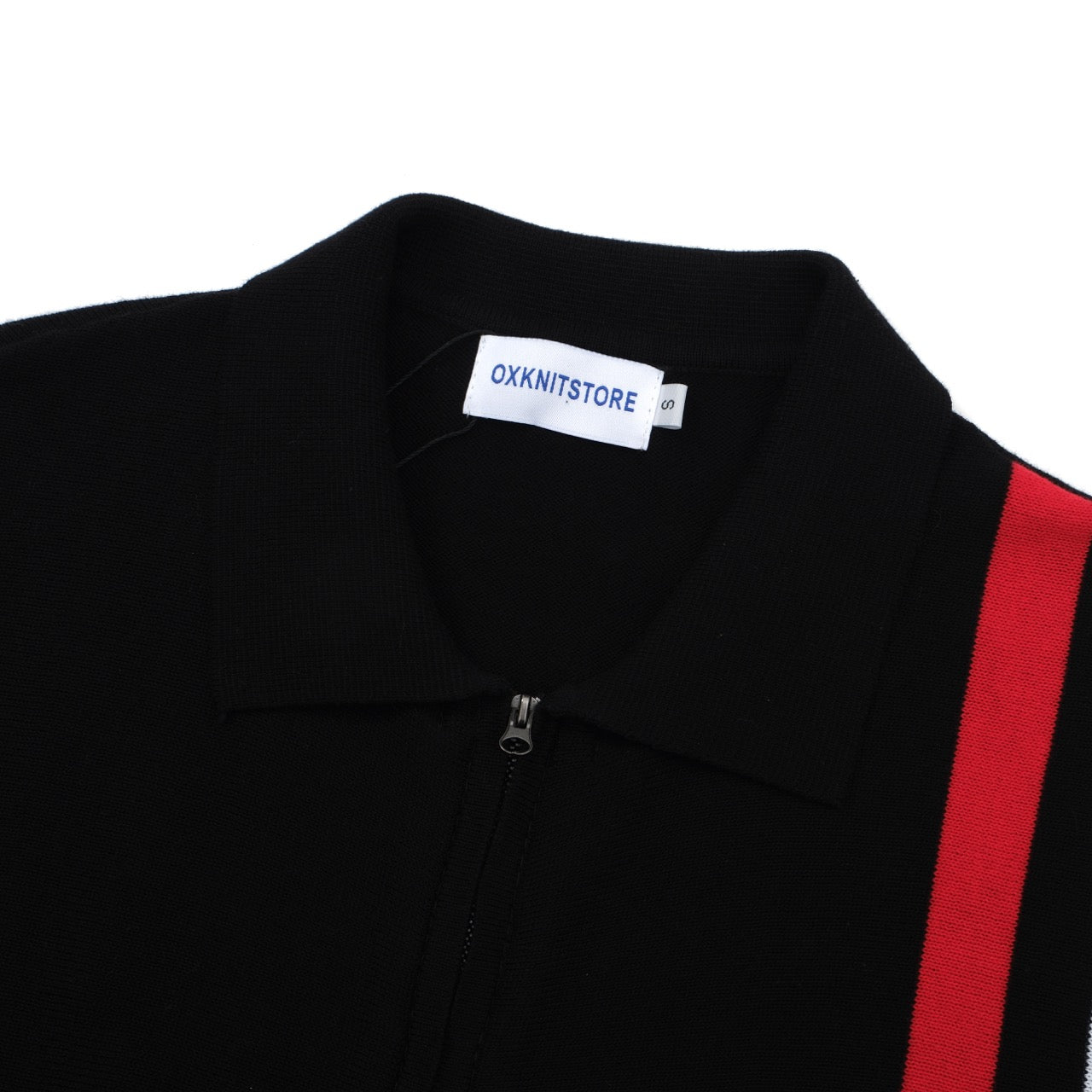1970s Retro Zip-Up Knitted Jacket for Men – Vintage Black with Red and White Vertical Stripes