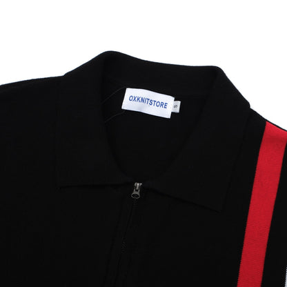 1970s Retro Zip-Up Knitted Jacket for Men – Vintage Black with Red and White Vertical Stripes
