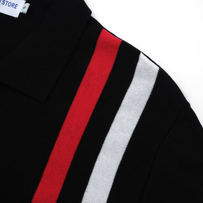 1970s Retro Zip-Up Knitted Jacket for Men – Vintage Black with Red and White Vertical Stripes