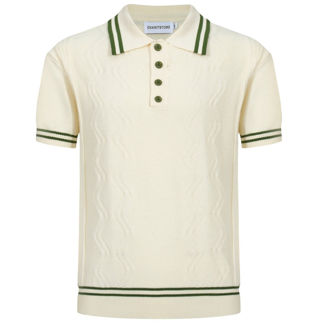 Cream Knitted Polo for Men with Green Trim – 1960s Mod Vintage Style