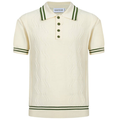 Cream Knitted Polo for Men with Green Trim – 1960s Mod Vintage Style