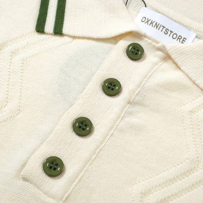 Cream Knitted Polo for Men with Green Trim – 1960s Mod Vintage Style