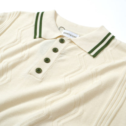 Cream Knitted Polo for Men with Green Trim – 1960s Mod Vintage Style