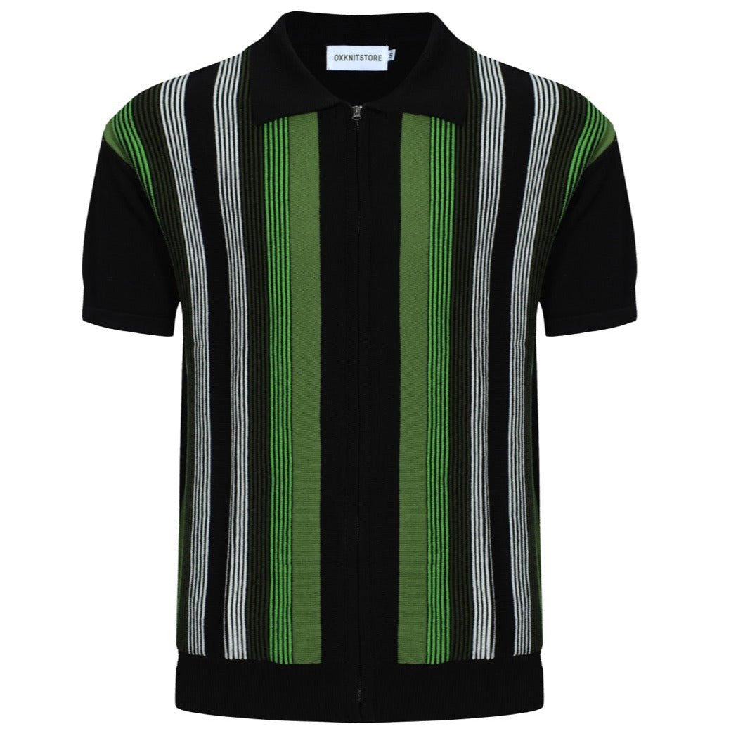 Men's Dark Green Striped Knitted Zip Polo – 60s Retro Casual Shirt