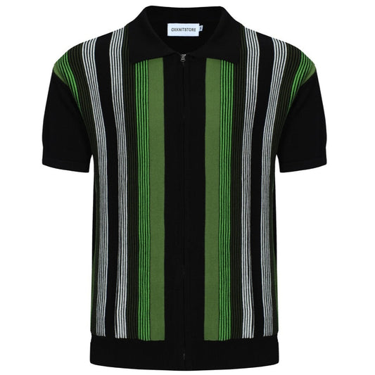 Men's Dark Green Striped Knitted Zip Polo – 60s Retro Casual Shirt