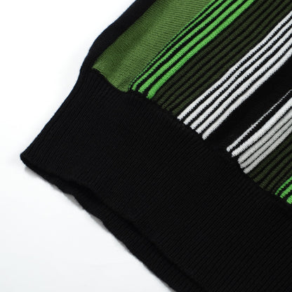 Men's Dark Green Striped Knitted Zip Polo – 60s Retro Casual Shirt